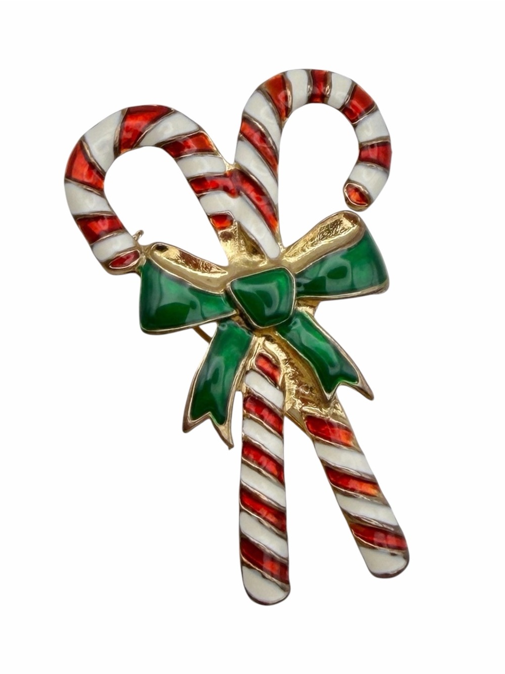 Vintage Enamel Christmas Candy Cane Brooch Green Bow Gold Tone Pin
